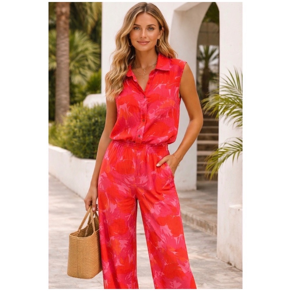 Maison D' Amelie - Two Piece Satin Pant Set Tropical Resort Vacation Plus 2X